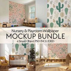 the nursery and playroom wallpaper mockup bundle is shown in three different colors