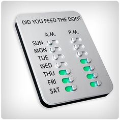 a white sign with green buttons on it that says did you feed the dog?