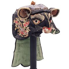 A Qing Dynasty zodiac rat embroidered mask, circa 1850 on later custom stand. Embroidered Mask, Qing Dynasty, Rats, Mask, Clothes Design, Clothes, Design