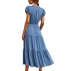 Blue Ruffled Sleeves V-neck Drawstring Waist Casual Dress Casual V-neck Maxi Dress With Ruffles, Blue V-neck Midi Dress With Ruffles, Blue V-neck Maxi Dress With Ruffle Hem, Women Dresses Casual, Casual Dress Women, Ruffled Sleeves, Women Dresses, Dresses Casual, Casual Dresses For Women