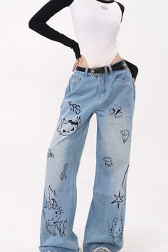 grunge jeans, blue jeans with cat print, blue grunge aesthetic cat jeans, grunge cat jeans, outfut Trendy Graphic Print Denim Blue Bottoms, Y2k Blue Bottoms With Graphic Print, Trendy Blue Bottoms With Graphic Print, Trendy Blue Graphic Print Bottoms, High Waist Blue Bottoms With Graphic Print, Straight Leg Denim Blue Bottoms With Graphic Print, Blue Straight Leg Bottoms With Graphic Print, Blue Grunge Aesthetic Outfit, Denim Blue Straight Leg Bottoms With Graphic Print