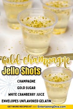 jello shots with gold sprinkles in plastic cups on a white table