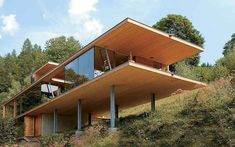 an unusual house on the side of a hill with trees in the backgroud