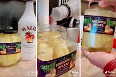 three pictures showing how to make pineapple spread