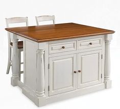 a kitchen island with two stools and a table top in white painted wood, against a plain background