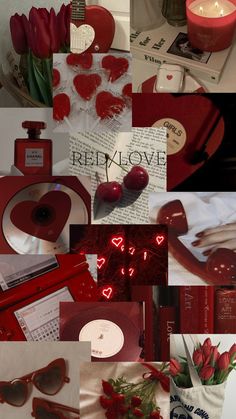 a collage of red images with hearts and flowers