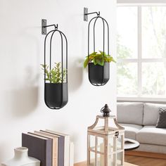 two hanging planters with plants in them on the wall next to a couch and coffee table