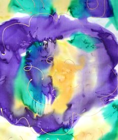 an abstract painting with purple, yellow and green colors