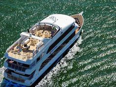 an aerial view of a large boat in the water