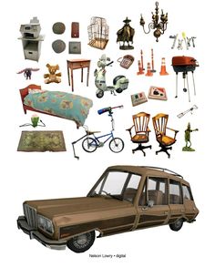 an old car is surrounded by furniture and other things that are in the shape of animals