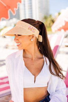 The Embroidered Straw Visor is the perfect mix of practical and stylish! Spring Sun Visor With Uv Protection, Spring Uv Protection Sun Visor, Vacation Sun Visor With Uv Protection, Trendy Summer Visor Sun Hat, Beachy Spring Visor Hat, Casual Summer Visor With Upf 50+, Beachy Visor Hats For Spring, White Visor With Uv Protection For Spring, White Visor With Uv Protection For Vacation