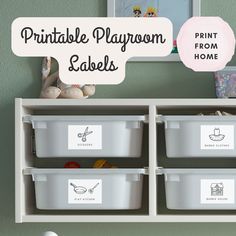 the printable playroom labels are displayed above plastic bins