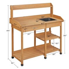 a wooden workbench with a sink and shelf on the side, measurements for each section