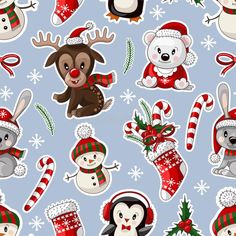 christmas stickers with animals, snowmen and santa hats on a light blue background