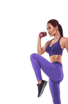 a woman is doing exercises with dumbbells while holding a pink object in her right hand