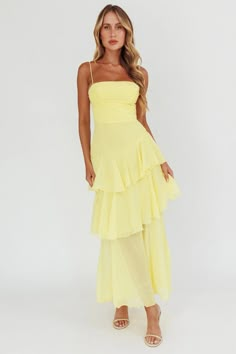 PRE ORDER RUCHED TIERED MAXI DRESS-LEMON - UNCOMMON REIGN Flowy Formal Dress, Positano Dress, Sorority Formal Dress, Asymmetrical Tiered Skirt, Yellow Bridesmaid, Digital Wardrobe, Parisian Summer, Cute Formal Dresses, Prom 2024