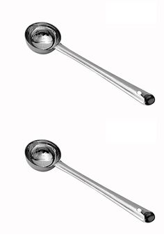 two stainless steel spoons with handles on each side and one has a black handle