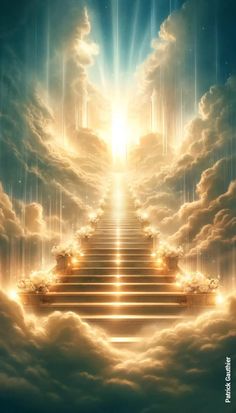 stairway leading to heaven with bright light coming from the top and clouds in the sky