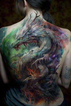 the back of a woman's body is covered in tattoos and features a dragon