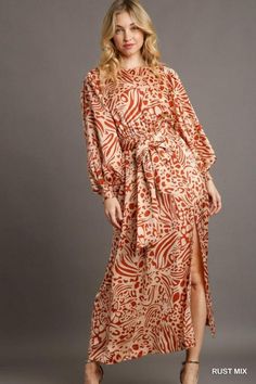 Satin Animal Print Round Neck Balloon Sleeve Maxi Dress Long Sleeve Printed Dresses For Casual Wear, Long Dress For Fall Brunch, Long Fall Dress For Brunch, Fall Brunch Long Dress, Printed Long Sleeve Maxi Dress For Casual Wear, Printed Dress For Fall Brunch, Printed Long Dress For Brunch, Brown Printed Midi Dress, Chic Brown Printed Dress