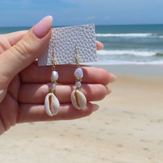 Shell Earrings, Pearl Earrings, Beach Earring, Cowrie Shell, Dangle Drop Earrings, Vacation, Beach, Gold Handmade Dangle Hoop Earrings For Vacation, Gold Drop Earrings For Vacation, Beach Dangle Hoop Earrings, Adjustable Dangle Hoop Earrings For Beach, Beach Drop Clip-on Earrings, Single Dangle Earring For Beach, Single Drop Earring For Vacation, Elegant Dangle Earrings For Vacation, Handmade Drop Earrings For The Beach