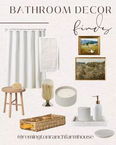 the bathroom decor finds are all white and brown, with gold accents on each side