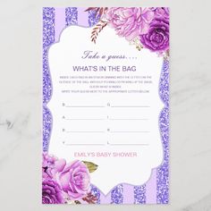 a baby shower game with purple roses on the front and blue stripes in the back