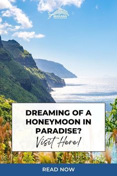 the ocean and mountains with text reading dreaming of a honeymoon in paradise? visit here