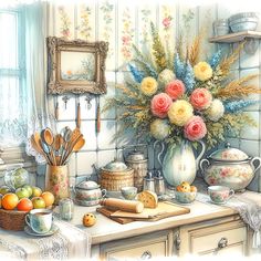 a painting of flowers in a vase on a kitchen counter next to other dishes and utensils