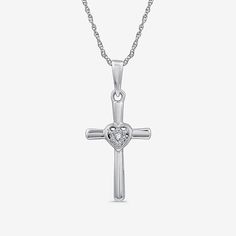 Celebrate your faith with our Women�s Diamond Accent Cross Pendant Necklace in sterling silver. This beautifully crafted piece features a stunning cross pendant adorned with a sparkling natural diamond, showcasing a rounded carat weight of less than 1/10 ct. t.w. The pendant measures 24.4mm in length and 11.9mm in width, suspended from an 18-inch rope chain with a secure spring ring clasp. Packaged in a lovely gift box, this necklace makes a meaningful gift for special occasions or a heartfelt a Sterling Silver Cross Pendant, Silver Cross Pendant, Sterling Silver Cross, Cross Pendant Necklace, Religious Jewelry, Yes Please, Silver Cross, Rope Chain, Spring Rings