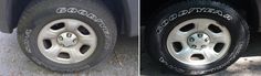 two pictures side by side of a truck tire and the front wheel with goodyear written on it