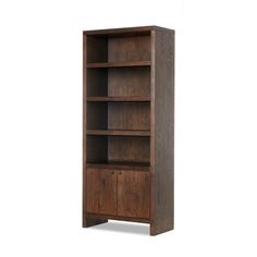 the bookcase is made out of wood and has three shelves on each side, with one door open