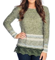 NEW - One World Knit Extended Shoulder Scalloped Lace Hem Pullover Sweater - 1X NEW - One World Knit Extended Shoulder Scalloped Lace Hem Pullover Sweater - 1X Click images to enlarge Description One World ​Knit Long Sleeve Extended Shoulder Scalloped Lace Hem Pullover Sweater   NEW RETAIL $ 42.75 ​SIZE 1X You like your style to stand out. But it doesn't have to be loud and bold and bright to do so. With this One World sweater, subtle is the style standard as it flaunts a soft sweater knit feel Casual Sweater With Fair Isle Pattern For Layering, Casual Fair Isle Sweater For Layering, Spring Crew Neck Sweater With Fair Isle Pattern, Spring Fair Isle Crew Neck Sweater, Knit Crew Neck Top With Fair Isle Pattern, Green Knit Sweater For Layering, Green Jacquard Knit Long Sleeve Top, Green Long Sleeve Jacquard Knit Top, Fair Isle Knit Sweater For Layering