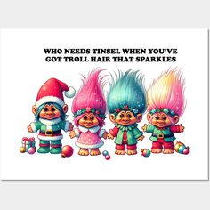 three little trolls with christmas hats on their heads are standing next to each other