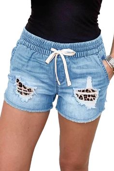 Distressed Leopard Patchwork Denim Shorts Patch Shorts, Formal Dresses With Sleeves, Patchwork Denim, Crop Top Sweatshirt, Swimwear Dress, Denim Patchwork, Patchwork Designs, Plus Size Swimwear, One Piece Swimwear