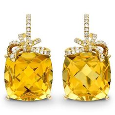 METAL SPECIFICATIONS Metal Name: Yellow Gold 14K STONE SPECIFICATIONS Stone Name: CITRINE/DIAMOND Stone Cut : Cushion & Round cut Stone Specifications: There are two citrines approx. 23.50 carats each (Approx. Size 16.3 x 16.3 mm) & approx. 0.30 carat round diamonds on the side in each earring. Natural earth-mined stones. Total Stone Weight : approx. 47.60 carats Color : Yellow/F Clarity : AAA/VVS1 APPRAISAL Appraised Value : $10050.00 Comes with a FREE APPRAISAL All kind of customizatio Kiki Mcdonough, Diamond Dangle Earrings, Bow Earrings, Yellow Gold Earring, Sweet Life, Mellow Yellow, Lalique, Beautiful Earrings, Citrine