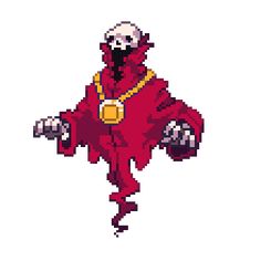 a pixel art style image of a skeleton in a red costume with his arms spread out