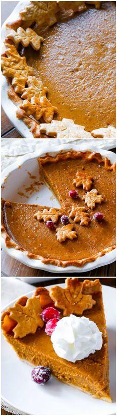 pumpkin pie with whipped cream and cranberry toppings on the top is shown