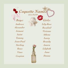 a poster with the names of different things on it's back side and an image of a vase with a rose in it