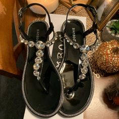 New In Box! Perfect For A Night Out When You Don’t Want To Wear Heels!!! Glitter Round Toe Jelly Sandals For Party, Black Synthetic Jelly Sandals For Party, Black Jelly Sandals For Party, Black Flat Jelly Sandals For Party, Women's Shoes Sandals, Shoes Sandals, Night Out, Size 7, Women Shoes