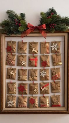 a wooden frame filled with lots of wrapped presents