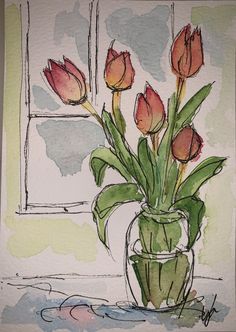 a painting of flowers in a vase on a window sill with watercolors