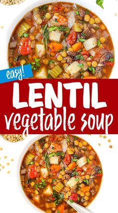 lentil vegetable soup in a bowl with the title overlay