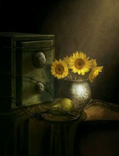 a painting of sunflowers in a vase on a table next to a box