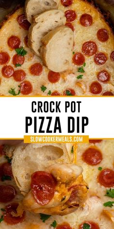 Close-up of crock pot pizza dip with bread being dipped in it Crockpot Snacks, Crockpot Party Food, Crock Pot Pizza, Crock Pot Dips, Crockpot Appetizers, Pizza Dip, Cheesy Pizza, Toasted Bread, Dip Recipes Easy