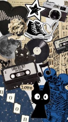 a collage of various items including a cat, record player, and other things