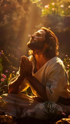 jesus sitting in the grass with his eyes closed and hands clasped to his chest, looking up into the sky