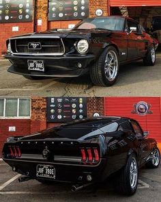 two pictures of the front and side of a black mustang