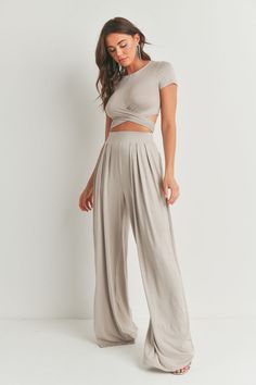 Criss Cross Crop Top Palazzo Pants Set – Collab Boutique High Waist 4-way Stretch Loungewear Pants, Jedi Fashion, Summer Outfits Alt, Summer Outfits Aesthetic Vintage, Yoga Clothes Boho, Crop Top Palazzo, Criss Cross Crop Top, Palazzo Pants Outfit, Cross Crop Top