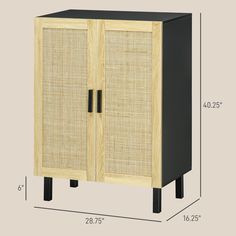 an image of a wooden cabinet with black handles and doors on the bottom, side view